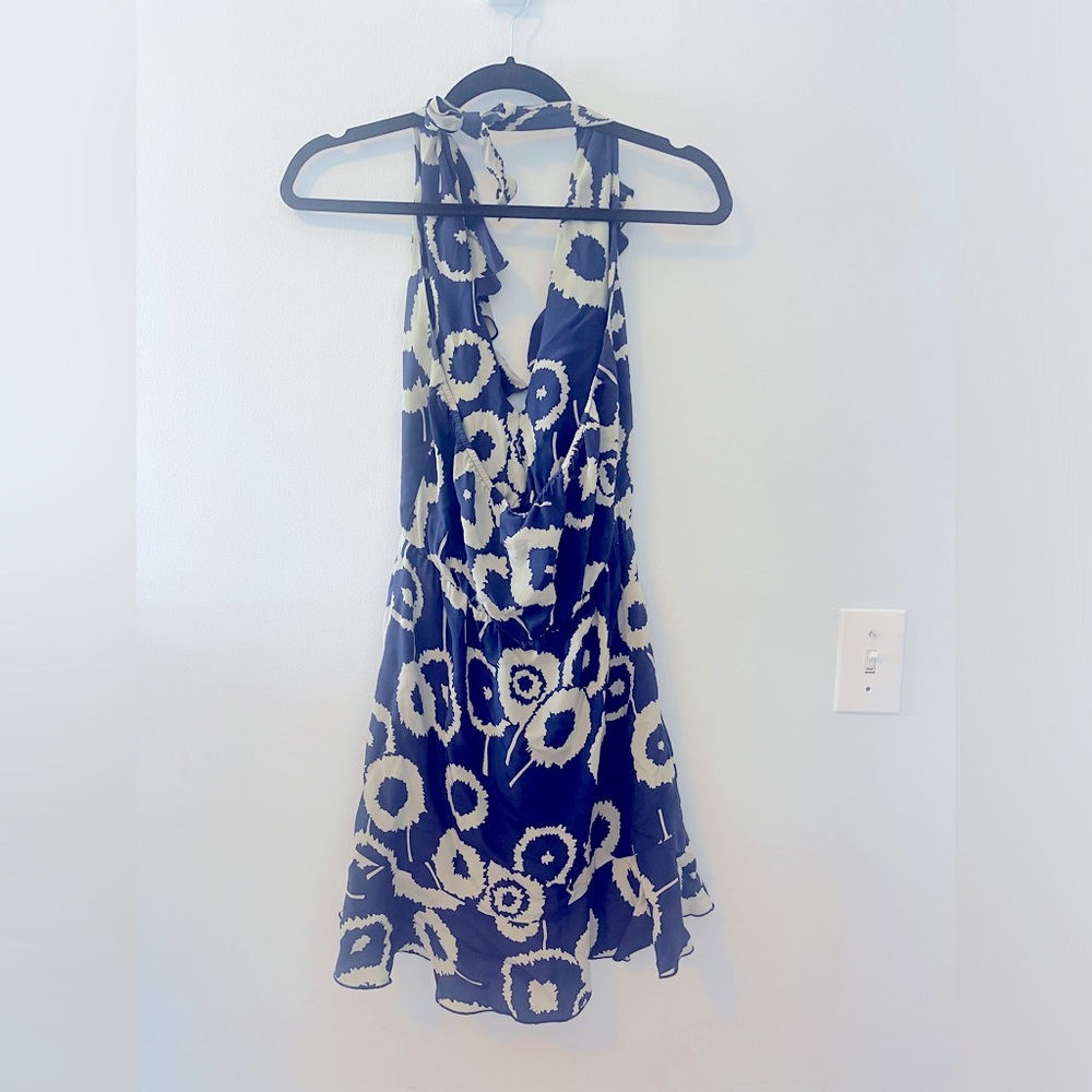 Amanda Uprichard Ruffle Halter Mini V neck dress in Navy/Cream Pattern - Small
